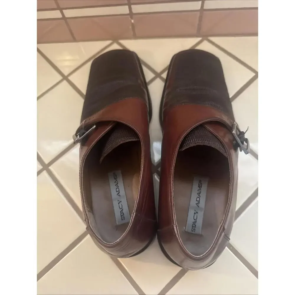 Stacy‎ Adams Men's 9M Brown Leather & Mesh Monk Strap Dress Shoes Square Toe